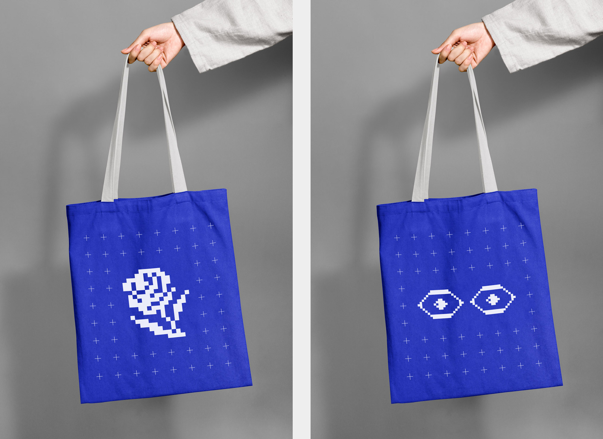 Tote bags with festival graphics.