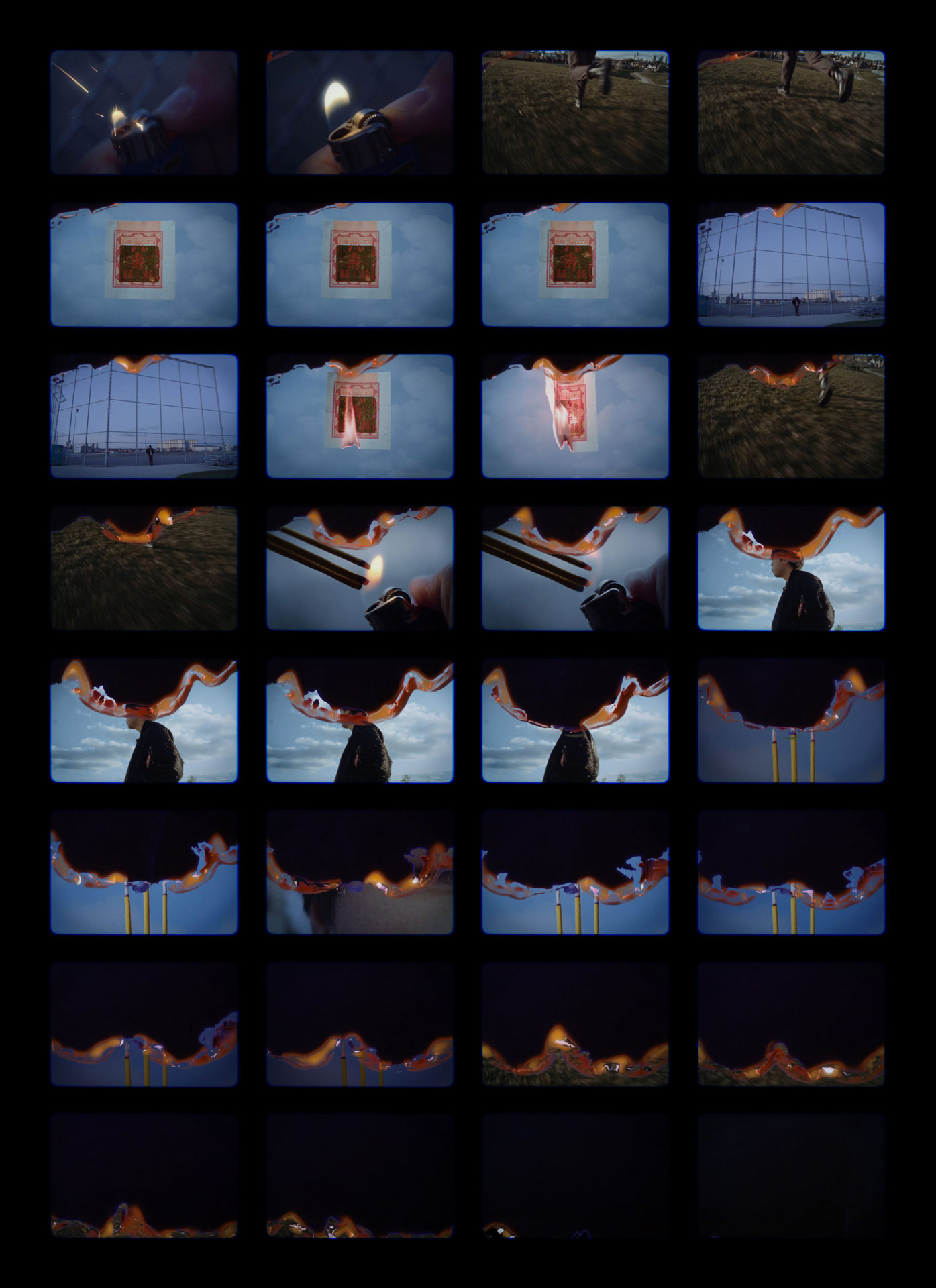 A 4x8 grid of still frames from the film 'In Translation', emphasizing the progressive decay of the image by flame as the film plays out.