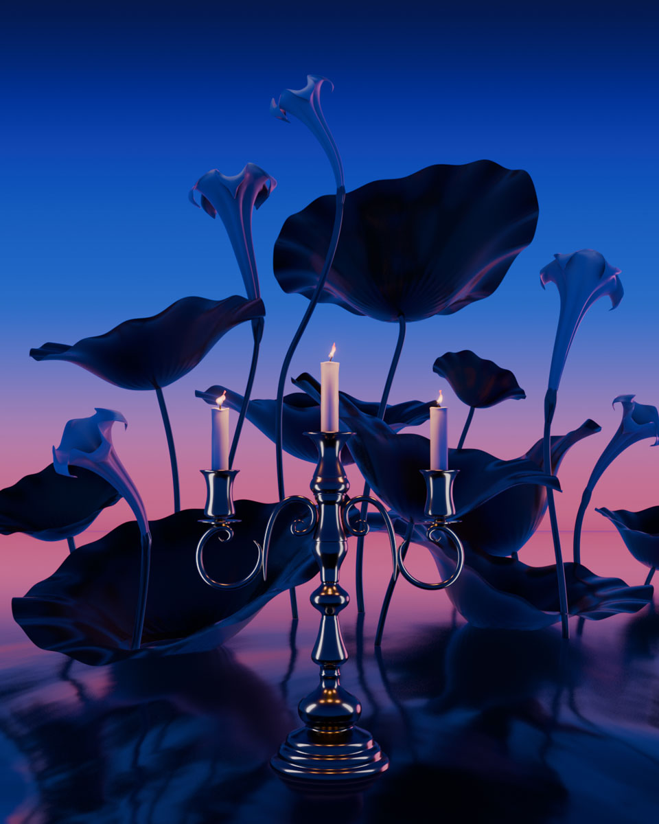 Still image artwork from Monument. The image depicts a candelabra with three lit candles, floating on top of water amongst a backdrop of lily pads and trumpet lilies at sunset.