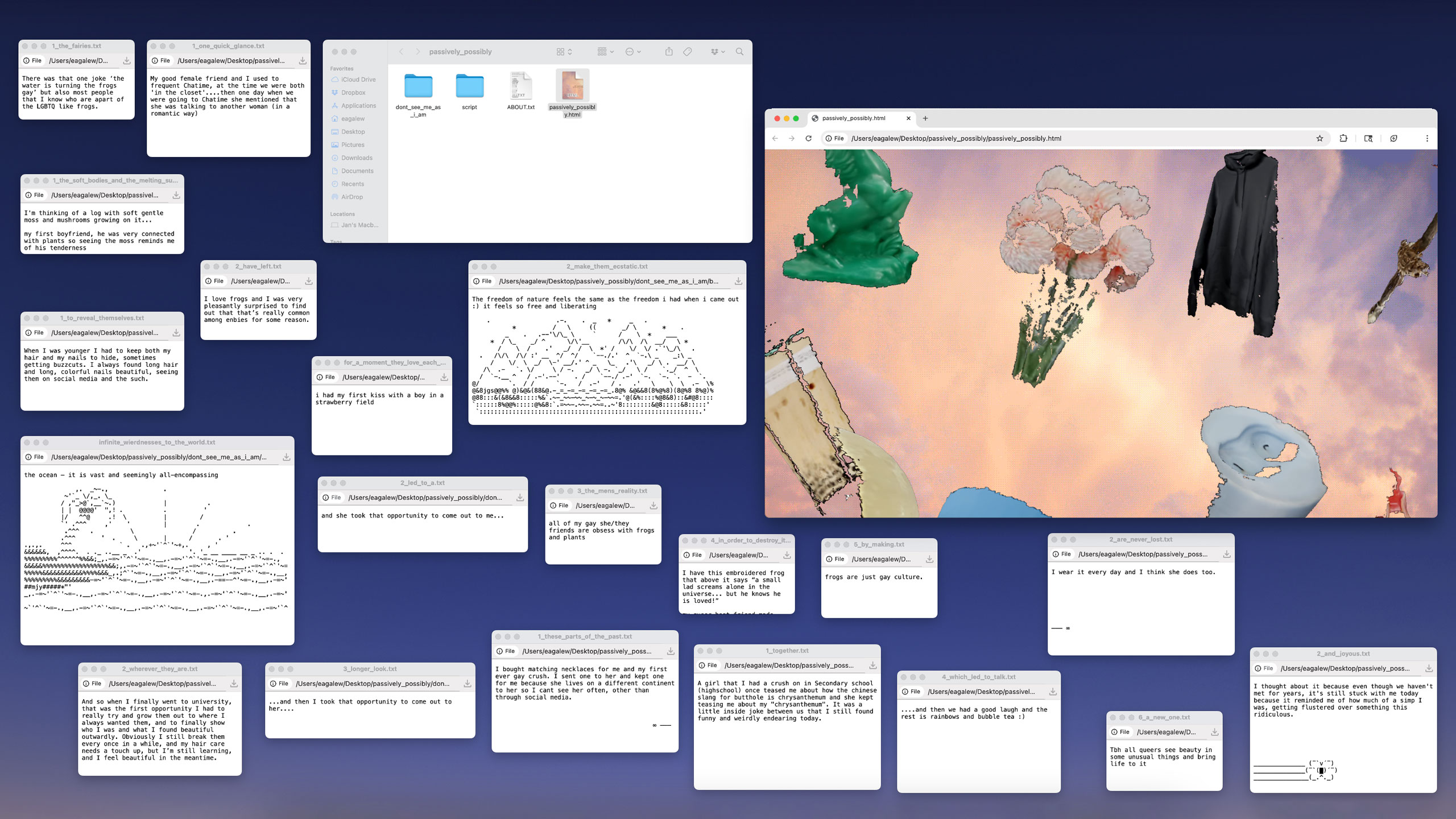 Screenshot of a computer desktop with multiple windows open from interacting with the project, scattered across the screen.
